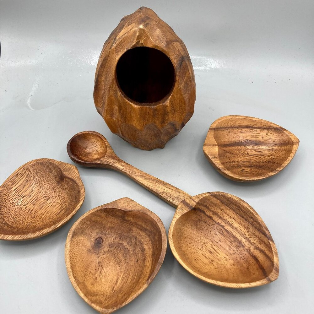 6 pc NUT Snack Serving Set Monkey Pod wood Serving Bowl 4 side bowls and Spoon